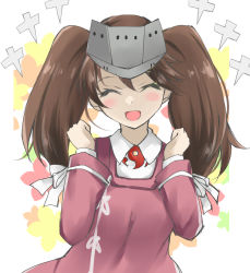 Rule 34 | 1girl, brown hair, clenched hand, collared shirt, commentary request, facing viewer, gakky, japanese clothes, kantai collection, kariginu, magatama, one-hour drawing challenge, red shirt, ryuujou (kancolle), shikigami, shirt, solo, twintails, visor cap