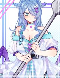 Rule 34 | 1girl, absurdres, azuma (ypgz9), belt, black belt, blue choker, blue dress, blue eyes, blue hair, blush, breasts, choker, cleavage, commentary, dress, elira pendora, hair over one eye, head wings, highres, holding, holding spoon, large breasts, long hair, looking to the side, low wings, nijisanji, nijisanji en, one eye covered, oversized object, plaid, plaid dress, short sleeves, single strap, smile, solo, spoon, symbol-only commentary, virtual youtuber, white background, white dress, wings