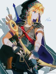 Rule 34 | 1boy, armband, arrow (projectile), artist name, bandaged arm, bandages, blonde hair, bow (weapon), cape, cowboy shot, earrings, hair between eyes, highres, holding, holding arrow, holding bow (weapon), holding weapon, hood, hood up, hooded cape, jewelry, link, looking to the side, male focus, maruta maruta, medium hair, nintendo, shirt, sidelocks, sleeveless, sleeveless shirt, solo, sword, the legend of zelda, twitter username, weapon, weapon on back
