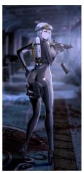 Rule 34 | 1girl, 9h, absurdres, ass, assault rifle, bodysuit, breasts, earpiece, expressionless, from behind, goggles, goggles on head, grey eyes, grey hair, gun, high heels, highres, holding, holding gun, holding weapon, holster, indoors, large breasts, magazine (weapon), original, oxygen tank, reloading, rifle, skin tight, solo, thigh holster, thighs, trigger discipline, watch, weapon, white hair