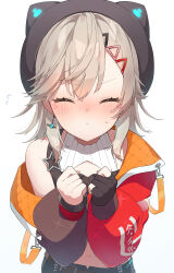 Rule 34 | 1girl, belt, blush, clenched hands, closed eyes, closed mouth, commentary request, earrings, grey hair, hair between eyes, hair ornament, hat, highres, incoming kiss, jacket, jewelry, komori met, medium hair, navel, nea 369, shorts, solo, sweat, virtual youtuber, vspo!, white background