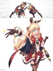 Rule 34 | 2girls, absurdres, artist name, belt, black legwear, blonde hair, blunt bangs, boots, breasts, brown vest, cagliostro (granblue fantasy), cape, clarisse (granblue fantasy), commentary, fingers together, flask, frilled gloves, frills, fusion dance, gem, gloves, granblue fantasy, green eyes, hair ribbon, heterochromia, highres, hood, hooded cape, jewelry, long hair, looking at viewer, medium breasts, multiple girls, neckerchief, open mouth, orange hair, ponytail, purple eyes, red cape, red skirt, ribbon, sideboob, sidelocks, signature, skirt, sleeveless, smile, sweatdrop, sweater, thighhighs, tian nya, tiara, turtleneck, turtleneck sweater, twitter username, v, very long hair, vest, white sweater, wristband