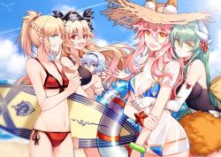 Rule 34 | 5girls, 6+girls, :d, anne bonny (fate), anne bonny (swimsuit archer) (first ascension) (fate), bangle, bare shoulders, bikini, black bikini, black hairband, black one-piece swimsuit, black ribbon, blonde hair, blue bikini, blue eyes, blue sky, blush, bracelet, braid, breasts, casual one-piece swimsuit, character request, child, cleavage, contrail, cowboy shot, day, ears through headwear, elbow gloves, fangs, fate/grand order, fate (series), flower, french braid, frilled swimsuit, frills, front-tie bikini top, front-tie top, gloves, green eyes, green hair, hair between eyes, hair flower, hair ornament, hairband, hand on own arm, hand up, hat, horns, hug, hug from behind, innertube, jewelry, kiyohime (fate), kiyohime (fate/grand order), kiyohime (swimsuit lancer) (fate), kiyohime (swimsuit lancer) (second ascension) (fate), long hair, looking at viewer, mary read (swimsuit archer) (first ascension) (fate), medium breasts, mordred (fate), mordred (fate) (all), mordred (fate/apocrypha), mordred (swimsuit rider) (fate), mordred (swimsuit rider) (first ascension) (fate), multiple girls, navel, one-piece swimsuit, open mouth, outdoors, parted lips, pirate hat, ponytail, profile, red bikini, red eyes, ribbon, scar, scar on face, see-through, shirt, short hair, short sleeves, side-tie bikini bottom, sidelocks, silver hair, skull and crossbones, sky, smile, standing, stomach, straw hat, surfboard, swim ring, swimsuit, tamamo (fate), tamamo no mae (swimsuit lancer) (fate), tamamo no mae (swimsuit lancer) (second ascension) (fate), transparent, very long hair, wet, wet clothes, wet shirt, white bikini, white gloves, white shirt, yellow eyes, yorukun