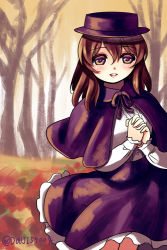 Rule 34 | 1girl, autumn, bad id, bad pixiv id, blush, brown eyes, brown hair, capelet, gorota, hat, own hands clasped, own hands together, solo, steepled fingers, touhou, usami renko