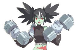 Rule 34 | 1girl, black hair, bolt, colored skin, commentary, dumbbell, english commentary, exercising, frankenstein, frankenstein&#039;s monster, genderswap, genderswap (mtf), green skin, hands up, highres, holding, looking at viewer, multicolored hair, multicolored skin, open mouth, oversized forearms, oversized limbs, red eyes, simple background, solo, sports bra, streaked hair, surgical scar, twintails, vins-mousseux, weightlifting, white background