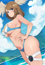 Rule 34 | 1girl, bare arms, bare shoulders, bikini, blue eyes, blush, breasts, brown hair, closed mouth, curvy, day, eunie (xenoblade), from side, hand on own hip, head wings, kaos art, lake, large breasts, long hair, looking at viewer, looking to the side, multicolored bikini, multicolored clothes, navel, outdoors, sideboob, solo, swept bangs, swimsuit, thigh strap, water, wings, xenoblade chronicles (series), xenoblade chronicles 3