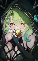 Rule 34 | 1girl, absurdres, alternate costume, antlers, apple, bare shoulders, black bridal gauntlets, black nails, blush, breasts, bridal gauntlets, ceres fauna, cleavage, dark background, eating, food, fruit, green hair, highres, holding, holding food, holding fruit, hololive, hololive english, hood, hood up, horns, large breasts, mole, mole under eye, psypolo d, shadow, solo, upper body, virtual youtuber, yellow eyes