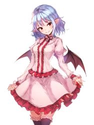 Rule 34 | 1girl, bat wings, black thighhighs, blue hair, blush, breasts, bridal garter, commentary, cowboy shot, dress, frilled dress, frills, head tilt, juliet sleeves, junior27016, long sleeves, looking at viewer, medium breasts, neck ribbon, no headwear, pink dress, pointy ears, puffy sleeves, red eyes, red ribbon, remilia scarlet, ribbon, short hair, simple background, smile, solo, thighhighs, touhou, white background, wings, zettai ryouiki