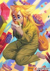 Rule 34 | androgynous, blonde hair, blue eyes, candy, chocolate, dog, eating, food, full body, furry, gender request, burger, highres, inuki (aruurara), long hair, patreon, soda, solo