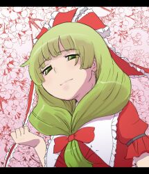 Rule 34 | 1girl, bow, closed mouth, commentary request, floral background, frilled ribbon, frilled shirt collar, frills, front ponytail, green eyes, green hair, hair bow, hair ribbon, half-closed eyes, highres, kagiyama hina, kei jiei, letterboxed, long hair, looking at viewer, looking down, pink background, red ribbon, red shirt, ribbon, shirt, smile, solo, touhou, upper body
