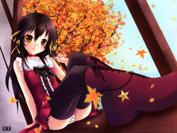 Rule 34 | 1girl, 22 (dzc23), autumn, black hair, boots, dzc23, original, panties, solo, striped clothes, striped panties, thighhighs, tree, underwear, yellow eyes