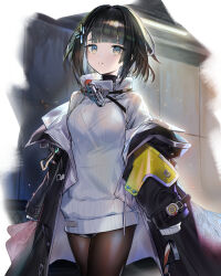 Rule 34 | 1girl, absurdres, arknights, arknights: endfield, black jacket, black pantyhose, breasts, cowboy shot, endministrator (arknights), female endministrator (arknights), hair ornament, highres, jacket, layered sleeves, long sleeves, looking at viewer, moyume, off shoulder, open clothes, open jacket, pantyhose, parted lips, ribbed sweater, short hair, small breasts, solo, sweater, thighs, white sweater, yellow eyes