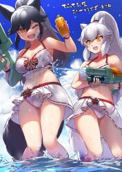 Rule 34 | 2girls, alternate costume, alternate hairstyle, animal ears, arctic fox (kemono friends), bare arms, bare legs, bare shoulders, bikini, blush, commentary request, commission, extra ears, fox ears, fox girl, fox tail, grey hair, hair between eyes, highres, kemono friends, kemono friends 3, long hair, matching outfits, midriff, multiple girls, navel, official alternate costume, one eye closed, open mouth, ponytail, sarong, sidelocks, silver fox (kemono friends), smile, spaghetti strap, splashing, swimsuit, tadano magu, tail, translation request, water, water gun, white bikini, white hair, white sarong, wrist cuffs