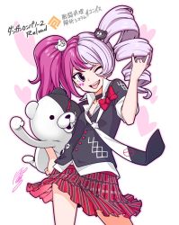 Rule 34 | #compass, 1girl, animal, asymmetrical hair, badge, bear hair ornament, bow, bra, button badge, choker, commentary request, contrapposto, cosplay, danganronpa (series), drill hair, drill sidelocks, enoshima junko, enoshima junko (cosplay), facial mark, gyaru, hair ornament, hand up, heart, heart background, heart facial mark, highres, holding, holding animal, lace, lace-trimmed bra, lace-trimmed choker, lace trim, light purple hair, long hair, loose necktie, m/, megumegu, monokuma, nail polish, necktie, no symbol, one eye closed, open collar, pink hair, plaid, plaid skirt, pleated skirt, poaro, red bow, red nails, school uniform, shirt, sidelocks, signature, skirt, solo, spoilers, twintails, underwear, untucked shirt, white background