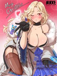 Rule 34 | 1girl, black thighhighs, blonde hair, blowing kiss, blush, breasts, cleavage, collarbone, copyright name, fur-trimmed kimono, fur trim, goddess of victory: nikke, heart, highres, japanese clothes, kimono, large breasts, long hair, looking at viewer, ludmilla (nikke), ludmilla (winter owner) (nikke), margherita832, merry christmas, official alternate costume, one eye closed, parted bangs, parted lips, red eyes, single bare shoulder, solo, teeth, thighhighs, thighs