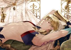 Rule 34 | 1boy, arabian clothes, arched back, armpits, blonde hair, cropped vest, earrings, fate/grand order, fate (series), gilgamesh, gilgamesh (caster) (fate), gilgamesh (fate), gold trim, jewelry, looking at viewer, lying, male focus, on back, open clothes, open vest, red eyes, short hair, side slit, tattoo, topless male, vest
