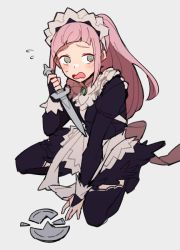 Rule 34 | 1girl, apron, black dress, black thighhighs, blush, bridal gauntlets, broken plate, dagger, do m kaeru, dress, felicia (fire emblem), fire emblem, fire emblem fates, flying sweatdrops, frilled dress, frills, green eyes, grey background, holding, holding dagger, holding knife, holding weapon, juliet sleeves, kneeling, knife, long hair, long sleeves, maid, maid headdress, nintendo, open mouth, pink hair, plate, ponytail, puffy sleeves, simple background, solo, sweatdrop, tearing up, thighhighs, waist apron, weapon, white apron