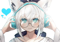 Rule 34 | 1girl, absurdres, ahoge, animal ear fluff, animal ears, black bow, blouse, blush, bow, braid, commentary request, fox ears, fox girl, glasses, green eyes, hair between eyes, hair bow, headphones, heart, highres, hololive, looking at viewer, matudo yuu, shirakami fubuki, shirakami fubuki (street), shirt, sidelocks, simple background, single braid, smile, solo, virtual youtuber, white background, white hair, white shirt