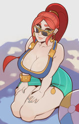 Rule 34 | 1girl, ball, beach, breasts, cassie (paladins), cleavage, glasses, highres, kneeling, large breasts, nail polish, paladins, ponytail, red hair, splashbrush, swimsuit