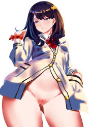 Rule 34 | 10s, 1girl, black hair, blue eyes, bottomless, cardigan, chen bingyou, cleft of venus, commentary request, from below, gridman universe, hand in pocket, long hair, looking down, parted lips, pussy, raised eyebrow, scrunchie, simple background, solo, ssss.gridman, takarada rikka, uncensored, white background, wrist scrunchie