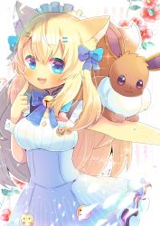Rule 34 | 1girl, :d, animal ear fluff, animal ears, bell, blonde hair, blue bow, blue eyes, blue skirt, blush, bow, breasts, brown eyes, cat ears, commentary request, creatures (company), eevee, eevee snow, flower, frilled skirt, frills, game freak, gen 1 pokemon, hair between eyes, hair bow, hair ornament, hairclip, hand up, high-waist skirt, index finger raised, indie virtual youtuber, jingle bell, kou hiyoyo, long hair, maid headdress, medium breasts, name connection, nintendo, open mouth, pokemon, pokemon (creature), red flower, shirt, skirt, smile, striped, striped background, two side up, vertical stripes, very long hair, virtual youtuber, white shirt, wrist cuffs