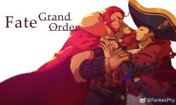 Rule 34 | absurdres, bara, beard, belt, blue eyes, brown hair, cape, epaulettes, facial hair, fate/grand order, fate (series), guoguo, hand on another&#039;s arm, hand on another&#039;s chest, highres, iskandar (fate), large hat, large pectorals, long sideburns, long sleeves, looking at another, male focus, multiple boys, muscular, napoleon bonaparte (fate), pants, pectorals, red eyes, red hair, simple background, smile, uniform, white background, wrinkled skin