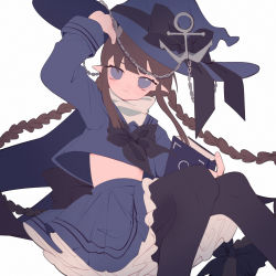 Rule 34 | 1girl, anchor hat ornament, arm up, blue eyes, blue pantyhose, book, bow, braid, brown hair, clothes lift, dress, frilled skirt, frills, funamusea, half-closed eyes, hat, hat bow, hat ornament, highres, holding, holding book, long hair, midriff peek, oounabara to wadanohara, pantyhose, petticoat, pointy ears, sailor dress, sailor hat, shirt lift, sidelocks, skirt, smile, solo, tsurime, twin braids, very long hair, wadanohara, witch, witch hat, yexie pottle