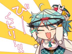Rule 34 | !, !!, 1boy, :3, ahoge, arms up, bare shoulders, belt, blush, chibi, closed eyes, commentary request, green eyes, green hair, green necktie, green skirt, hair between eyes, hair ornament, hairclip, hat, holding, holostars, jacket, kagami kira, long sleeves, male focus, midriff, necktie, nyokkiiiiin, open mouth, pleated skirt, pom pom (clothes), ring fit adventure, short hair, simple background, skirt, smile, solo, standing, translation request, trap, v-shaped eyebrows, virtual youtuber