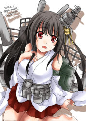 Rule 34 | 10s, 1girl, arm support, bad id, bare shoulders, black hair, breasts, dated, detached sleeves, fusou (kancolle), hair ornament, hand on own chest, japanese clothes, kantai collection, large breasts, long hair, machinery, momozakura nanao, nontraditional miko, open mouth, pleated skirt, red eyes, red skirt, sitting, skirt, solo, twitter username, wariza