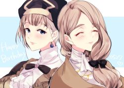 Rule 34 | 2girls, age comparison, blonde hair, blue eyes, bow, closed mouth, dated, earrings, closed eyes, fire emblem, fire emblem: three houses, hair bow, happy birthday, jewelry, long hair, low ponytail, mercedes von martritz, multiple girls, naho (pi988y), nintendo, short hair, simple background, smile, twitter username, upper body, veil