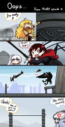 Rule 34 | 4girls, 4koma, ahoge, anger vein, angry birds, bird, black bird (angry birds), blake belladonna, blonde hair, bomb (angry birds), cape, chibi, comic, english text, gloves, highres, long hair, magic circle, multiple girls, open mouth, parody, ponytail, red hair, reef (sanomsai products), ruby rose, rwby, scar, scythe, short hair, stick figure, weapon, weiss schnee, white hair, yang xiao long
