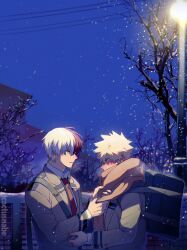 Rule 34 | 2boys, artist name, bag, bakugou katsuki, bare tree, blazer, blonde hair, blue bag, blue eyes, blurry, blurry background, blush, boku no hero academia, breath, brown scarf, building, cactusnabe, collared shirt, commentary request, grey eyes, grey jacket, hair between eyes, heterochromia, highres, jacket, lamppost, lapels, long sleeves, looking at another, male focus, multicolored hair, multiple boys, necktie, night, nose blush, outdoors, parted lips, power lines, profile, red eyes, red hair, red necktie, scarf, school bag, school uniform, shirt, short hair, shoulder bag, snow, snowing, spiked hair, split-color hair, todoroki shouto, tree, twitter username, two-tone hair, u.a. school uniform, v-shaped eyebrows, white hair, white shirt, wing collar, winter, yaoi