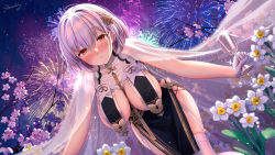 Rule 34 | 1girl, azur lane, black dress, blush, braid, breast curtains, breasts, cape, cleavage, dress, dutch angle, flower, garter straps, hair ornament, highres, large breasts, leaning forward, looking at viewer, nose blush, parted lips, pelvic curtain, red eyes, revealing clothes, see-through, short hair, silver hair, silveroid, sirius (azur lane), sirius (azure horizons) (azur lane), skindentation, sleeveless, sleeveless dress, solo, standing, thighhighs, thighs, white flower, white thighhighs