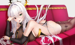 Rule 34 | 1girl, ass, bare shoulders, bikini, breasts, brown bikini, brown thighhighs, closed mouth, couch, detached collar, detached sleeves, gold trim, green eyes, halo, hand up, heterochromia, highres, large breasts, long hair, long sleeves, looking at viewer, lying, mole, mole under eye, on couch, on stomach, original, raurashun, red eyes, smile, solo, string bikini, swimsuit, thighhighs, tongue, tongue out, very long hair, white hair