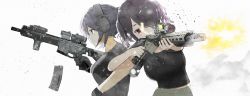 Rule 34 | 2girls, assault rifle, commentary request, firing, gloves, gun, headset, highres, m4 carbine, multiple girls, original, partial commentary, purple eyes, red eyes, reloading, rifle, twintails, weapon, white background, ylmi