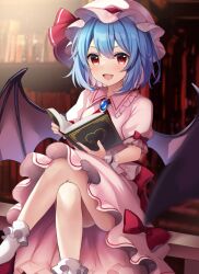 Rule 34 | 1girl, :d, bat wings, blue brooch, blue hair, blush, book, bow, clothes lift, collar, crossed legs, dress, dress lift, fang, frilled collar, frilled cuffs, frills, hair between eyes, hat, hat ribbon, holding, holding book, library, looking at viewer, medium hair, mob cap, open mouth, pink collar, pink dress, pink hat, puffy short sleeves, puffy sleeves, red bow, red eyes, red footwear, red ribbon, remilia scarlet, ribbon, ruhika, short sleeves, sitting, slit pupils, smile, socks, solo, touhou, v-shaped eyebrows, vampire, white socks, wing collar, wings