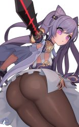 Rule 34 | 1girl, artist request, ass, dress, from behind, genshin impact, gloves, hair ornament, hairpin, highres, huge ass, keqing (genshin impact), leaning, leaning forward, long hair, looking at viewer, looking down, open mouth, pantyhose, purple dress, purple eyes, purple hair, shiny clothes, short dress, skirt, solo, sword, twintails, very long hair, weapon