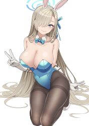 Rule 34 | 1girl, alternate costume, animal ears, asuna (blue archive), asuna (bunny) (blue archive), bare shoulders, black pantyhose, blonde hair, blue archive, blue bow, blue bowtie, blue eyes, blue leotard, blue ribbon, bow, bowtie, breasts, cleavage, closed mouth, commentary request, detached collar, fake animal ears, gloves, hair over one eye, hair ribbon, head tilt, highres, kobaji, large breasts, leotard, long hair, looking at viewer, official alternate costume, pantyhose, playboy bunny, rabbit ears, ribbon, seiza, sitting, smile, solo, strapless, strapless leotard, thighband pantyhose, v, very long hair, white gloves
