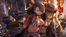 Rule 34 | 2girls, azur lane, belt, bikini, bikini top only, black bikini, blood, blood from mouth, breasts, carrying, carrying person, cleavage, collarbone, commentary request, cowboy shot, dark-skinned female, dark skin, front-tie bikini top, front-tie top, groin, hair between eyes, halterneck, hornet (azur lane), long hair, looking at another, midriff, multiple girls, navel, northampton (azur lane), official art, outdoors, parted lips, rff (3 percent), short shorts, shorts, sidelocks, standing, swimsuit, torn bikini, torn clothes, very long hair, yellow belt