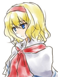 Rule 34 | 1girl, alice margatroid, blonde hair, blue eyes, capelet, expressionless, female focus, hairband, myama, short hair, simple background, solo, touhou, upper body