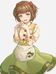 Rule 34 | 1girl, apron, aqua eyes, bow, brown hair, green skirt, highres, open mouth, skirt, smile, solo, tunapon01, two side up, vivi (vroid), vroid, waist apron, white background