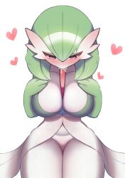 Rule 34 | 1girl, blush, bob cut, breasts, collarbone, colored skin, creatures (company), female focus, game freak, gardevoir, gen 3 pokemon, green hair, green skin, hair between eyes, hanayon, hands on own chest, hands up, heart, highres, large breasts, leaning forward, multicolored skin, nintendo, nose blush, pokemon, pokemon (creature), red eyes, saliva, short hair, simple background, sitting, solo, straight-on, thick thighs, thighs, two-tone skin, uncommon stimulation, white background, white skin, wide hips