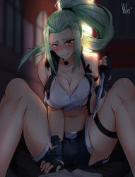 Rule 34 | 1boy, 1girl, belt, breasts, cleavage, commentary, commission, commissioner upload, d-cao, denim, girl on top, gloves, highres, jeans, knife, large breasts, long hair, looking at viewer, navel, pants, ponytail, shorts, tank top, the king of fighters
