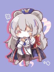 Rule 34 | 1girl, animal ears, arknights, bear ears, black pantyhose, blue background, blue hair, blue hat, blush stickers, boots, chibi, collared shirt, commentary request, dress, full body, grey hair, hair between eyes, hat, highres, long hair, long sleeves, looking at viewer, mom2, multicolored hair, one eye closed, pantyhose, parted lips, peaked cap, red eyes, red hair, rosa (arknights), shirt, solo, standing, standing on one leg, streaked hair, tears, very long hair, white dress, white footwear, white shirt