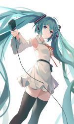 Rule 34 | 1girl, absurdly long hair, absurdres, ahoge, black thighhighs, blue eyes, blue hair, blue nails, closed mouth, collared dress, detached sleeves, dress, dutch angle, floating hair, hair between eyes, hair intakes, hatsune miku, headphones, highres, holding, holding microphone, jiao cat, long hair, long sleeves, looking at viewer, microphone, nail polish, neck ribbon, pleated dress, pleated sleeves, red ribbon, ribbon, short dress, simple background, sleeveless, sleeveless dress, smile, solo, standing, thighhighs, twintails, very long hair, vocaloid, white background, white dress, white sleeves, wide sleeves, wing collar, zettai ryouiki