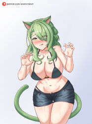 Rule 34 | 1girl, absurdres, animal ears, antlers, azurecruiser, bare shoulders, bikini, bikini top only, blush, braid, braided bangs, branch, breasts, cat ears, cat girl, cat tail, ceres fauna, cleavage, collarbone, curvy, eyelashes, fingernails, green hair, green tail, hair over one eye, highres, hololive, hololive english, horns, large breasts, mole, mole under eye, patreon logo, patreon username, paw pose, short shorts, shorts, simple background, solo, stomach, sweat, swimsuit, tail, thighs, tongue, tongue out, virtual youtuber, wet, wide hips, yellow eyes