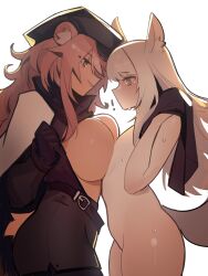 Rule 34 | !, 2girls, absurdres, animal ear fluff, animal ears, arknights, asymmetrical docking, black headwear, black shorts, blush, bottomless, breast press, breasts, brown eyes, cabbie hat, cape, cowboy shot, curly hair, distr, flat chest, from side, gravel (arknights), gravel (modeling night) (arknights), hat, high-waist shorts, highres, horse ears, horse girl, horse tail, large breasts, long hair, looking at another, looking down, multiple girls, nude, official alternate costume, open clothes, parted lips, pink hair, platinum (arknights), prairie dog ears, prairie dog tail, shorts, simple background, small breasts, smirk, smug, straight hair, sweat, sweatdrop, tail, white background, white cape, white hair, yellow eyes, yuri