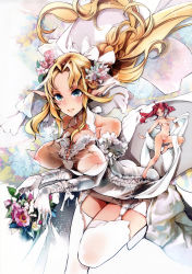 Rule 34 | 2girls, absurdres, bare shoulders, blonde hair, blush, breasts, cleavage, copyright request, dress, elf, endou okito, fairy, flower, garter belt, hair flower, hair ornament, highres, huge filesize, large breasts, looking at viewer, medium breasts, multiple girls, no bra, open mouth, pointy ears, swimsuit, thighhighs, wedding dress