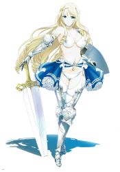 Rule 34 | 1girl, absurdres, armor, armored boots, bare shoulders, bikini, bikini skirt, bikini warriors, blonde hair, blue eyes, boots, breasts, cleavage, closed mouth, collar, collarbone, drill hair, full body, garter straps, gauntlets, gluteal fold, hair ornament, hairband, highres, large breasts, lips, long hair, looking at viewer, navel, onigirikun, page number, paladin (bikini warriors), scan, scan artifacts, shadow, shield, shiny skin, shoulder armor, smile, solo, standing, stomach, swimsuit, sword, thighhighs, weapon, white background, white bikini, white thighhighs
