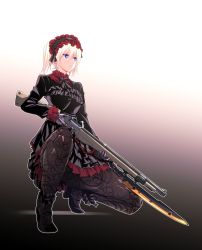 Rule 34 | 1girl, android, bayonet, black dress, blonde hair, blue eyes, bolt action, dress, expressionless, frilled dress, frills, gothic lolita, gradient background, gun, hair between eyes, headdress, high heels, highres, holding, holding gun, holding weapon, ishiyumi, lolita fashion, long sleeves, looking to the side, mechanical buddy universe, pantyhose, rifle, science fiction, solo, squatting, sword, weapon